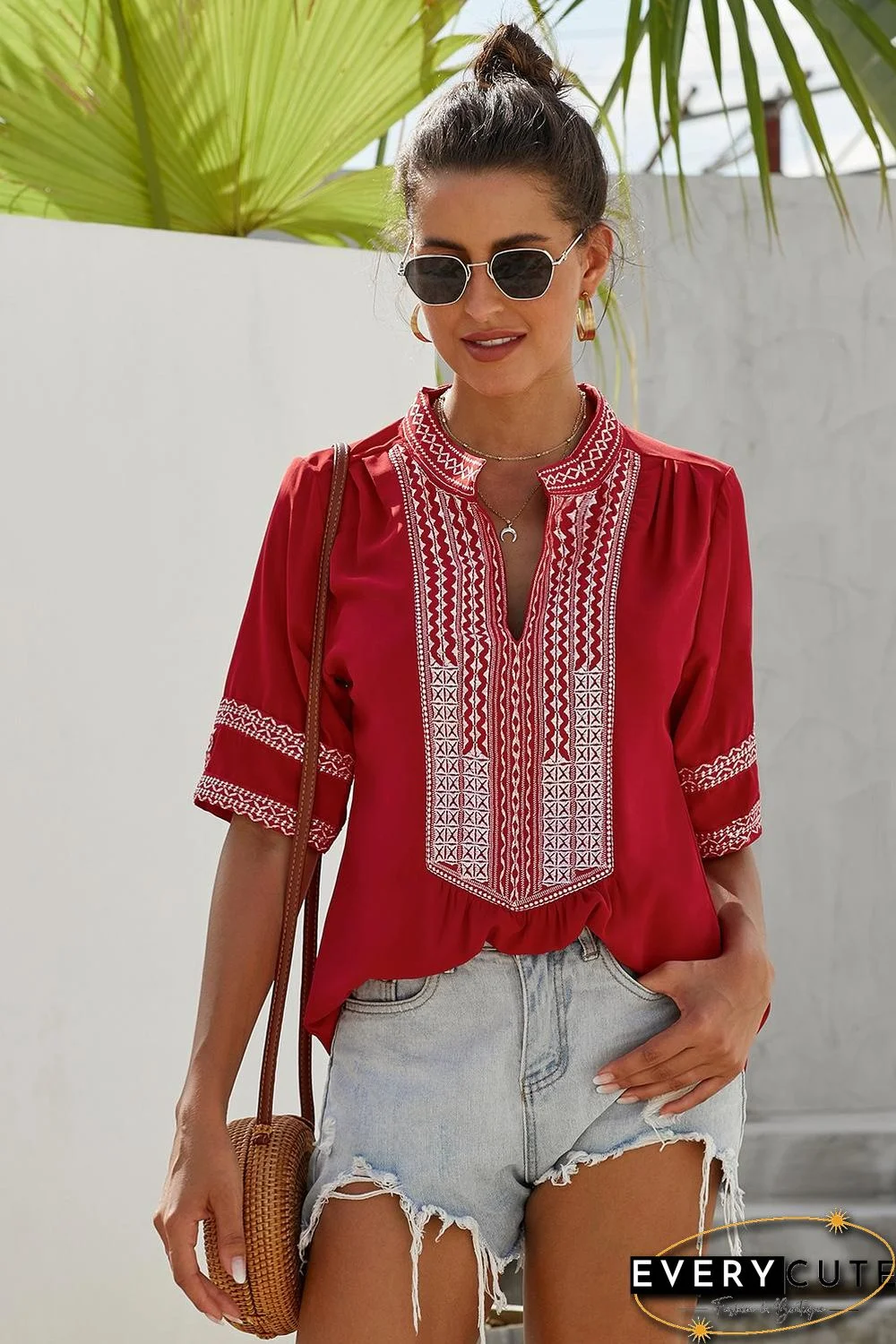 Red Elbow Length Sleeves Front Embroidery Blouse