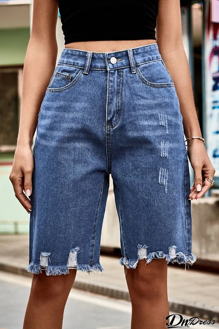 Raw Hem High Waist Denim Shorts with Pockets