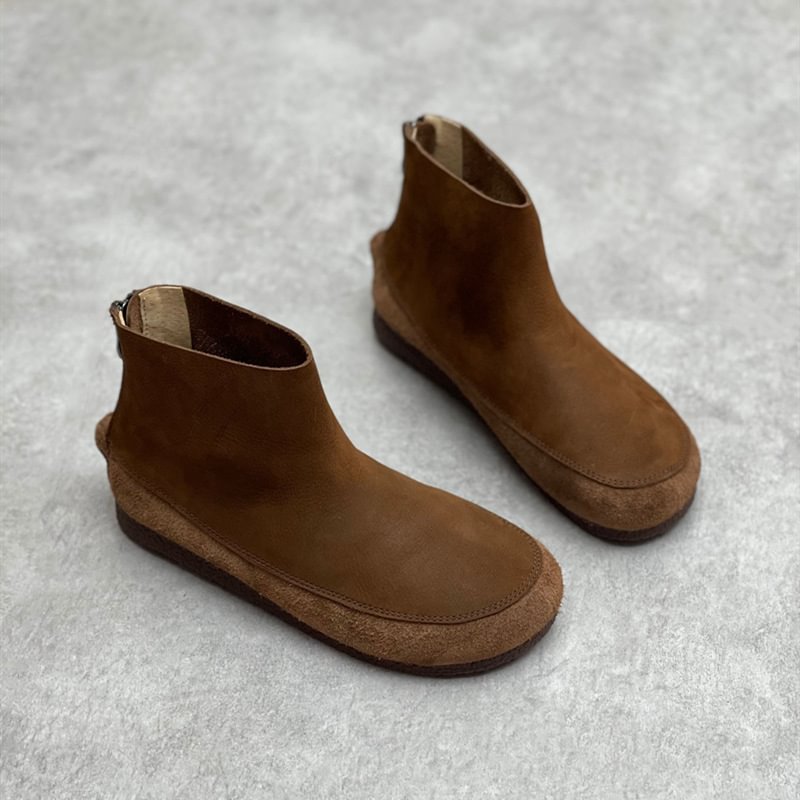 Leather Short Boots Women's New Top Layer Cowhide Round Head Soft Bottom Casual-PABIUYOU- Women's Fashion Leader