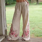 Women's Retro Bohemian Style Pink Rose Art Casual Linen Pants - Image 2