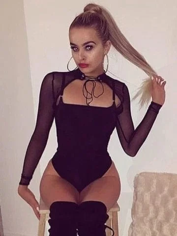 pornhint Pornhint Black Mesh Patchwork Sexy Bodysuit Women Long Sleeve Play Suit Hollow Out Low Cut Bandage Women's Body 2XL Plus Size Outfits
