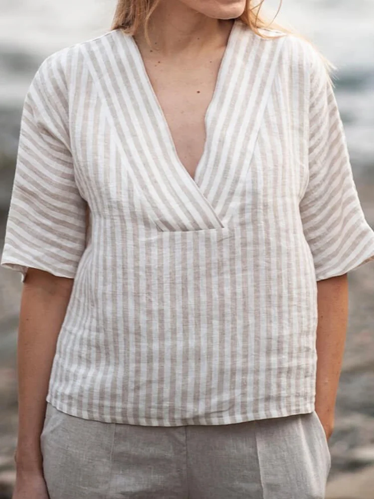 Women's Simple Striped Linen Blend V-Neck Shirt