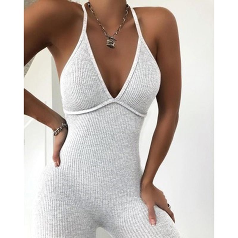 Summer Casual Sport Fitness Streetwear Female Jumpsuit Sexy V Neck Backless Skinny Elastic Jumpsuit Women Outfit