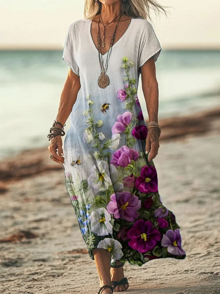 Women's Floral Embroidered Linen Blend Vintage Dress