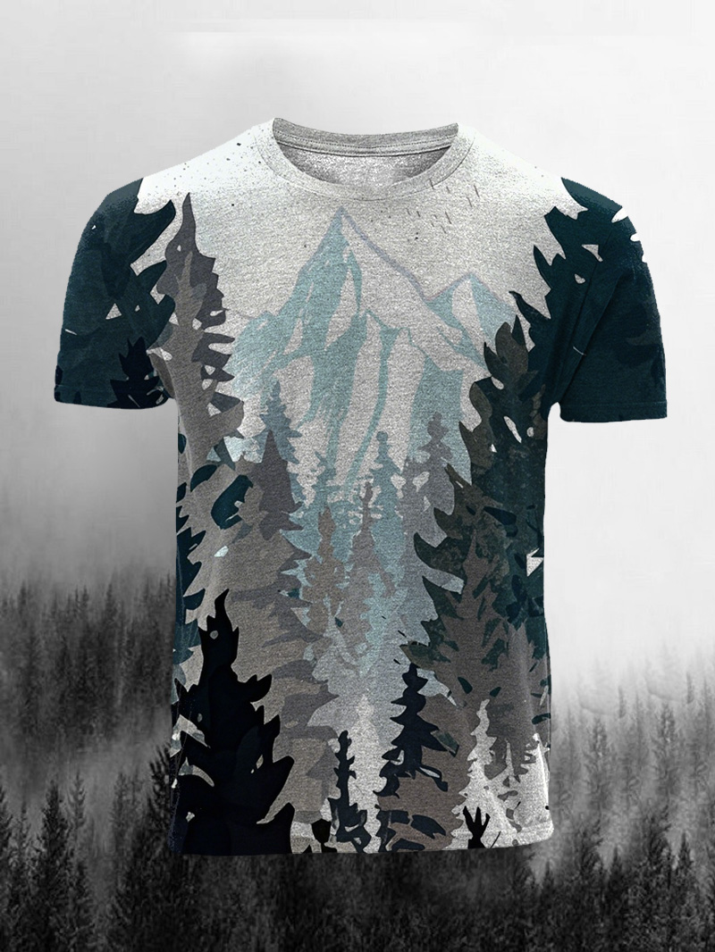 Men's Snow Mountain Woods Print Casual Short Sleeve T-shirt