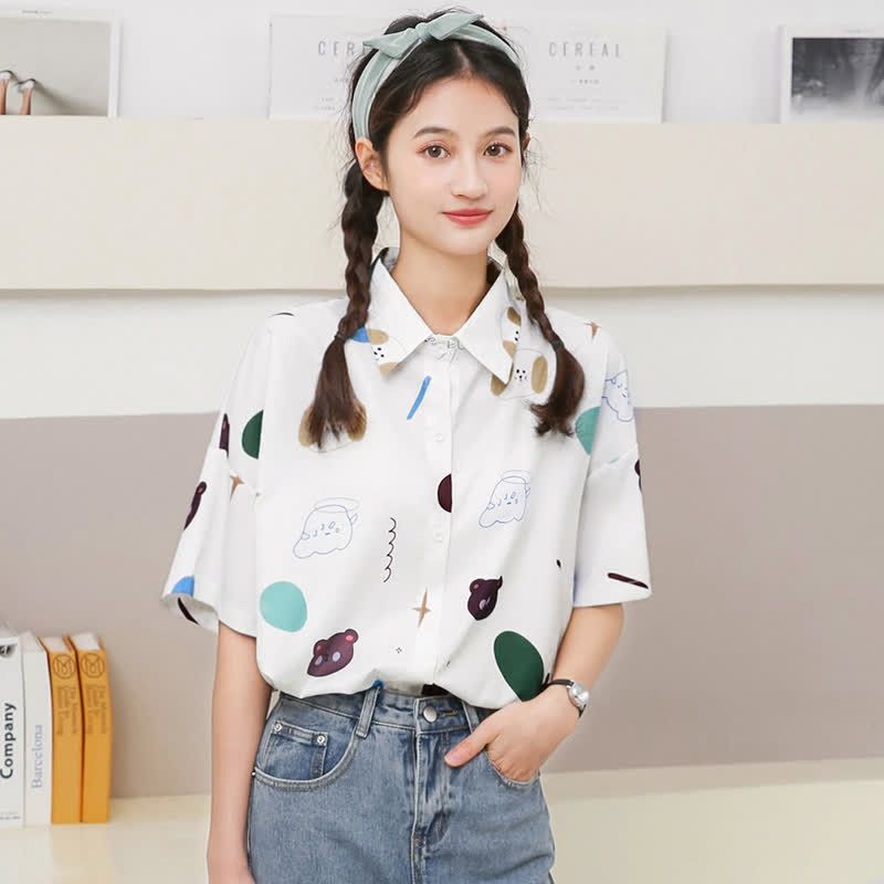 Cartoon Bear Print Lapel Casual T-Shirt