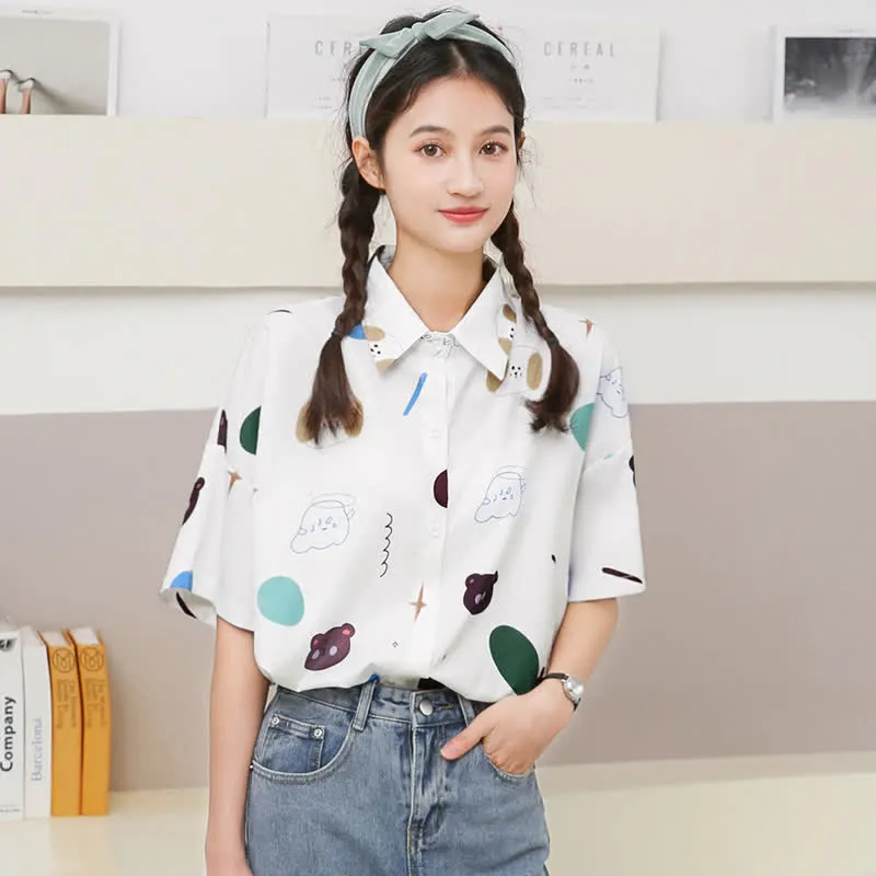 Cartoon Bear Print Lapel Casual T-Shirt