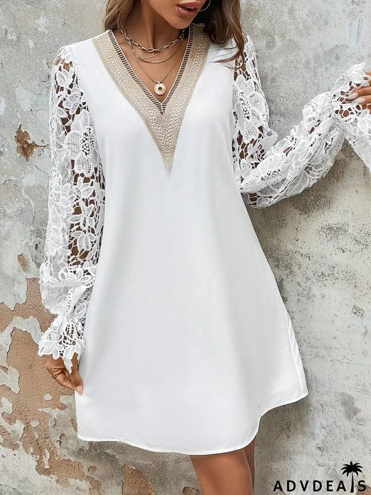 Contrast Guipure Lace Flounce Sleeve Dress Without Belt