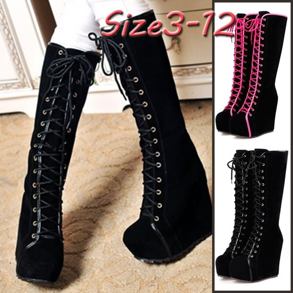 Autumn Winter Fashion Women Punk Rock Goth High Platform Wedge Heels Faux Suede Lace Up Fahsion Knee High Boots - Life is Beautiful for You - SheChoic