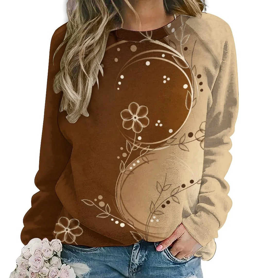 Printed Long Sleeve Casual Sweatshirt for  Women and Men Unisex Pattern Brown, Floral