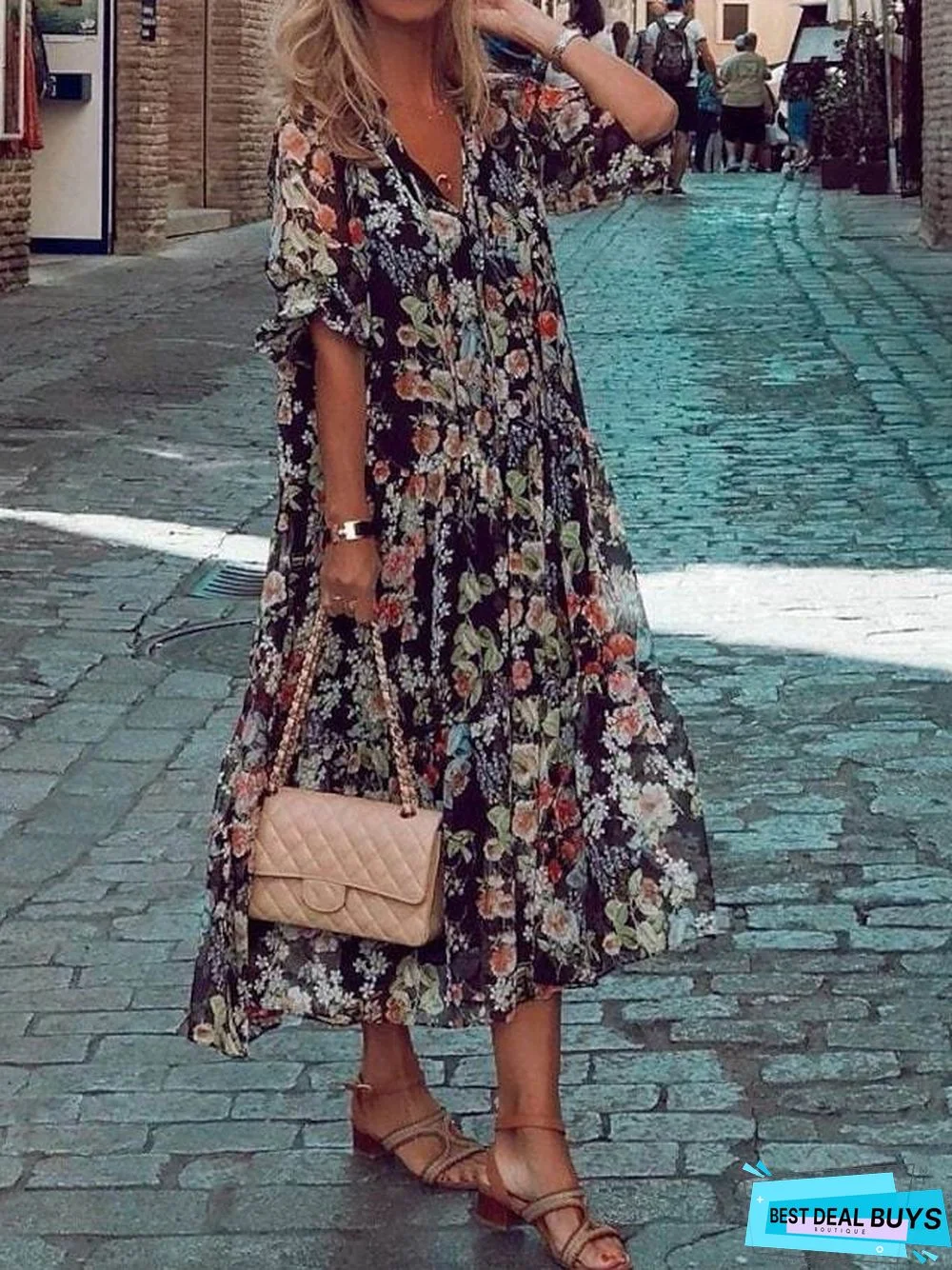 Women's Loose Midi Dress Half Sleeve Floral / Botanical Spring Summer V Neck Vacation Boho Holiday Loose