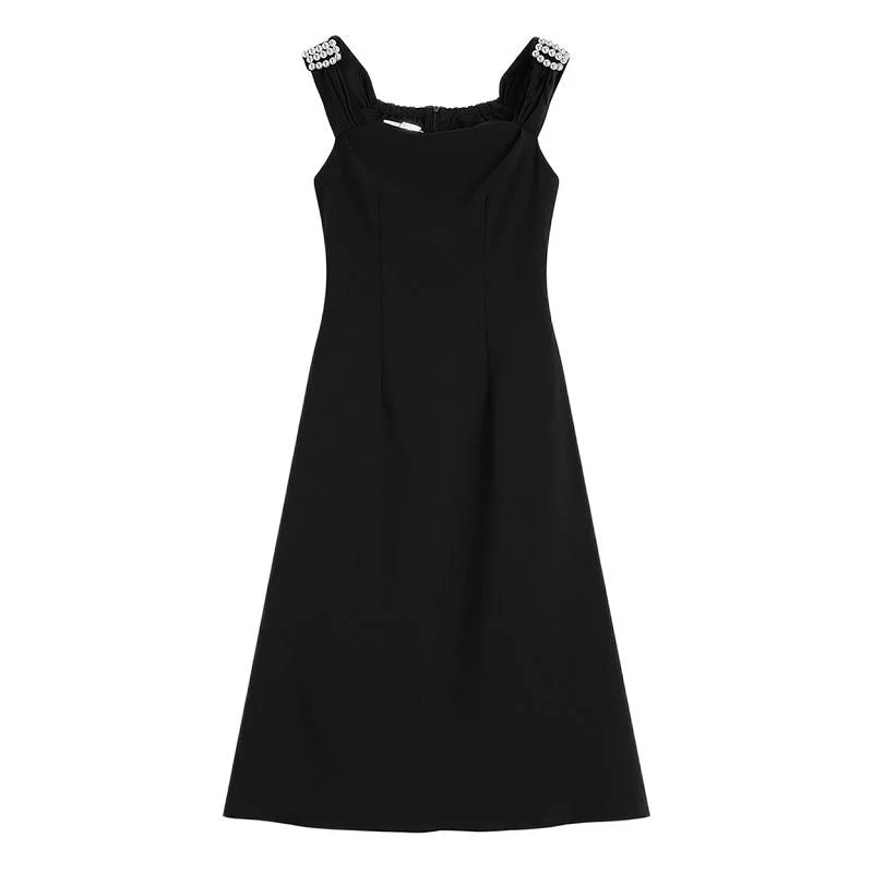 Women&#39;s Black Straps Dress Hepburn Style Strapless French Casual High Waist Self Cultivation Sexy Long Skirt Ladies Summer