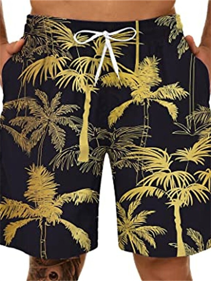 Men's Beach Drawstring Shorts Coconut Tree Print Shorts Black Green Red Blue