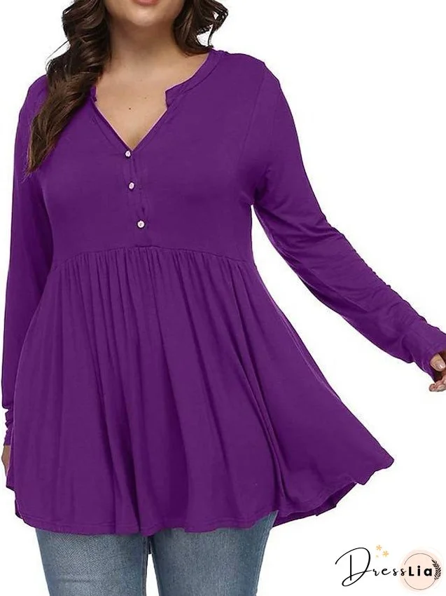T shirt Tee Light Blue claret Deep Purple Plain Button Flowing tunic Long Sleeve Daily Weekend Basic V Neck Long Plus Size L for Women