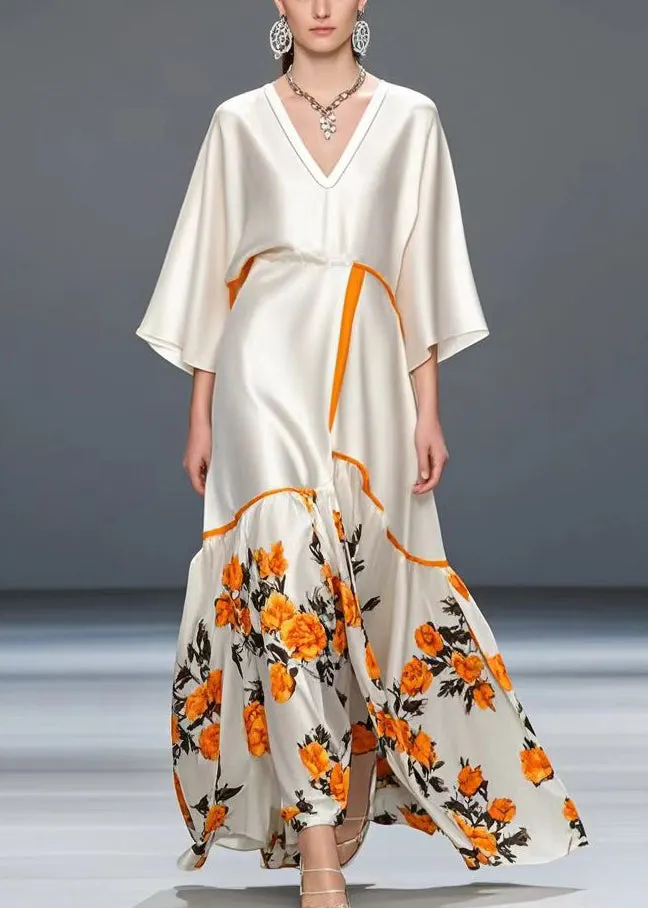 French White Oversized Print Silk Party Dress Bracelet Sleeve Summer
