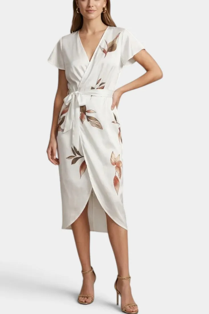Elegant Botanical Wrap Dress with Asymmetrical Hem