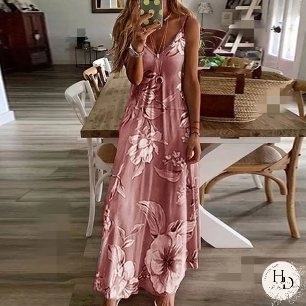 Summer Dresses Fashion Clothes Women's Plus Size Dresses Casual V-neck Sleeveless Maxi Dresses Ladies L Loose Cotton Dress Party Wear Floral Printed Halter Beach Dress