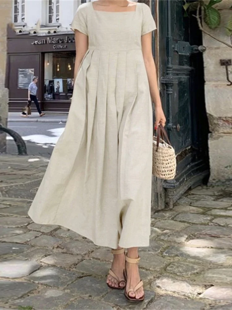 Vintage Pleated Wide Skirt Maxi Dress