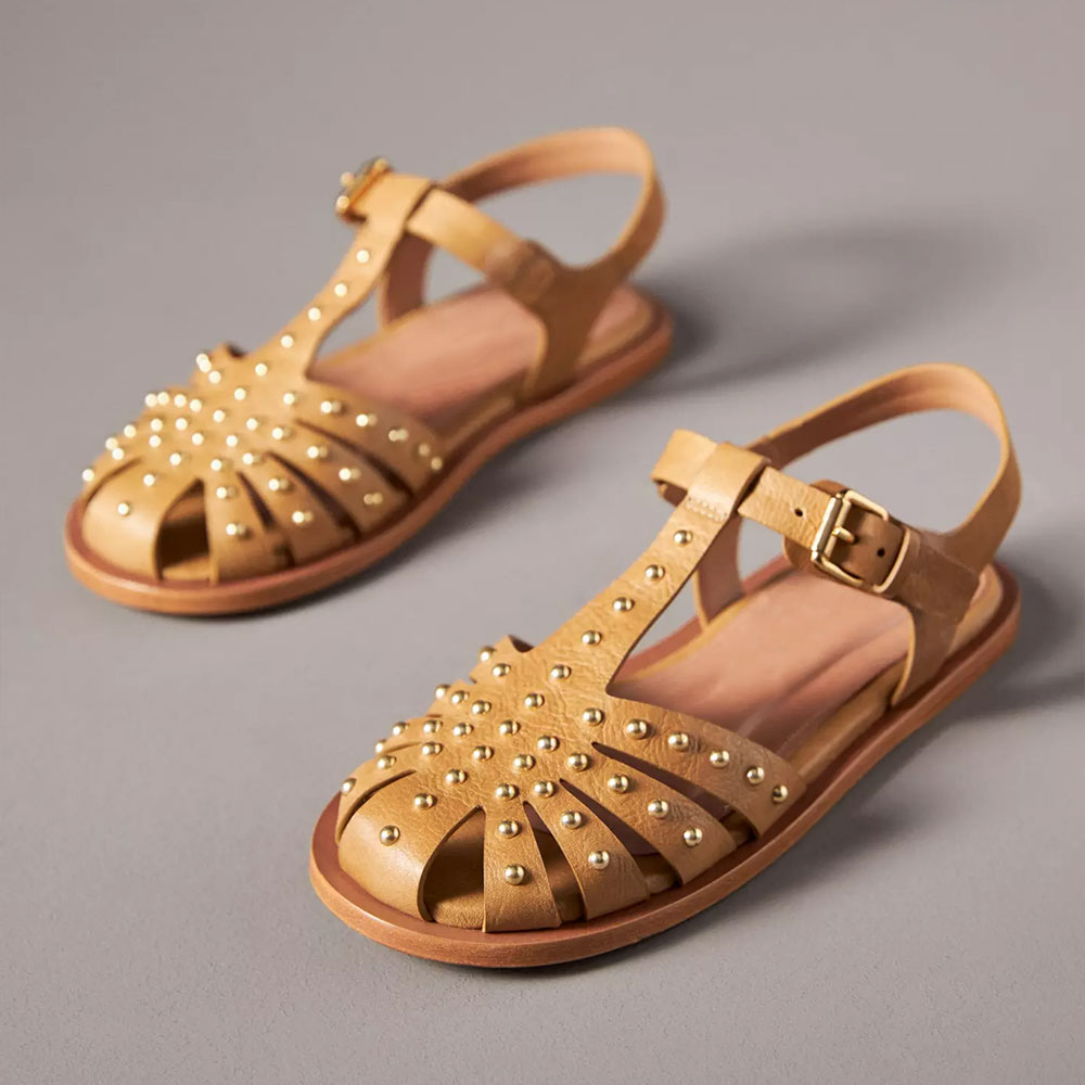 Brown Vegan Leather Round Toe Flat Buckle T-Strap Studded Sandals Nicepairs
