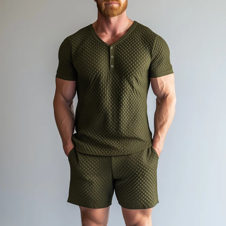 Okaywear Knit V Neck Half Button T-Shirt & Shorts 2Pcs Set Okaywear