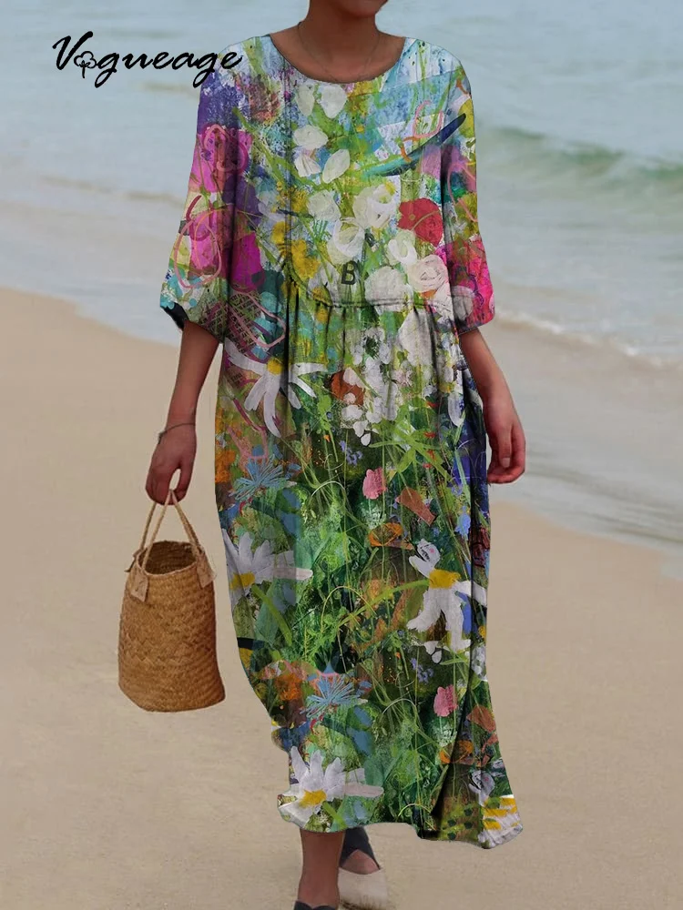 Fashionable And Beautiful Flowers And Plants Printed Women's Casual Cotton And Linen Dress