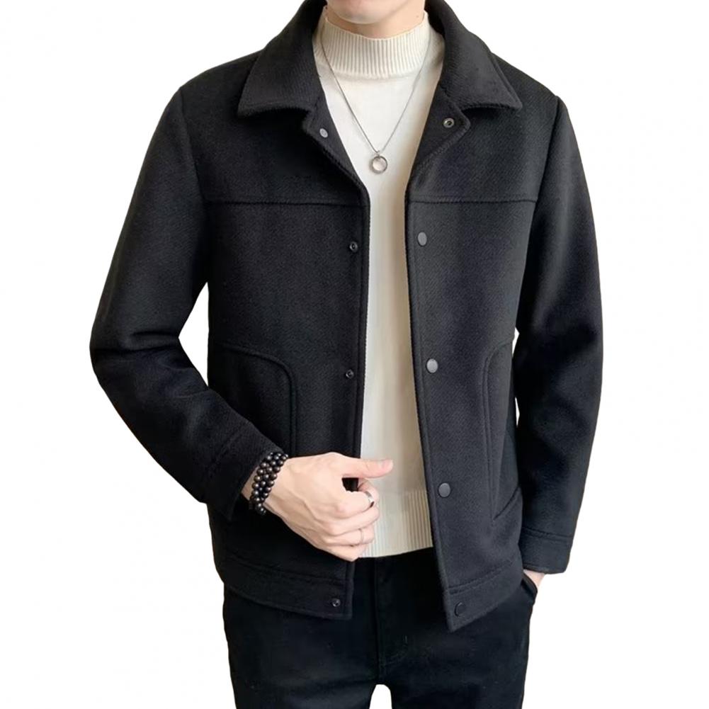 Geswet Men Jacket Turn-down Collar Single-breasted Thick Cardigan Long Sleeve Loose Warm Pockets Anti-pilling Men Fall Winter Coat
