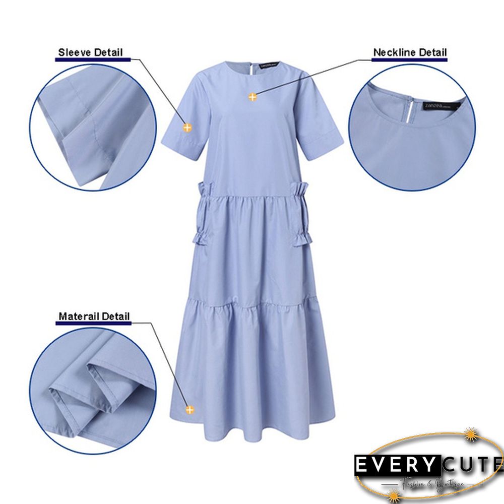 Women Summer Short Sleeved Ruffled Hem Casual Loose Long Dress Solid Color Dresses