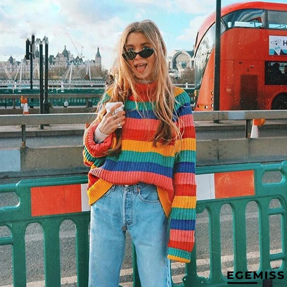 High Neck Sweater Women's Rainbow Stripe Loose Sweater | EGEMISS