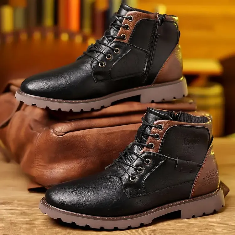 Men's Lace up Zippered Leather Boots