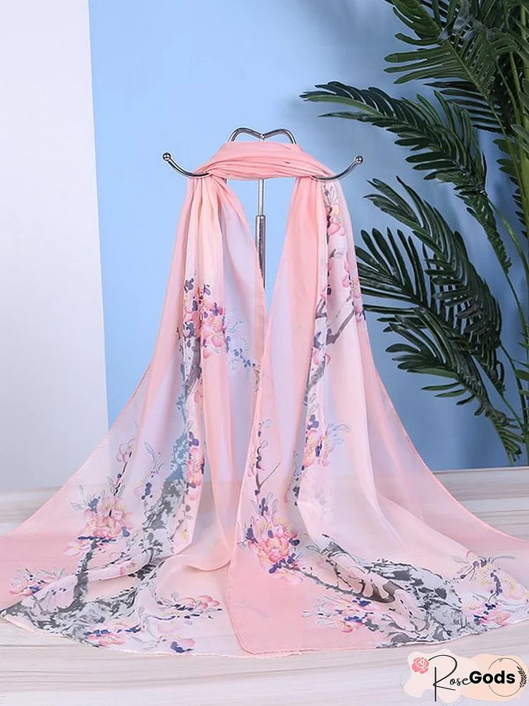 Boho Floral Print Long Silk Scarf Bali Resort Scarf