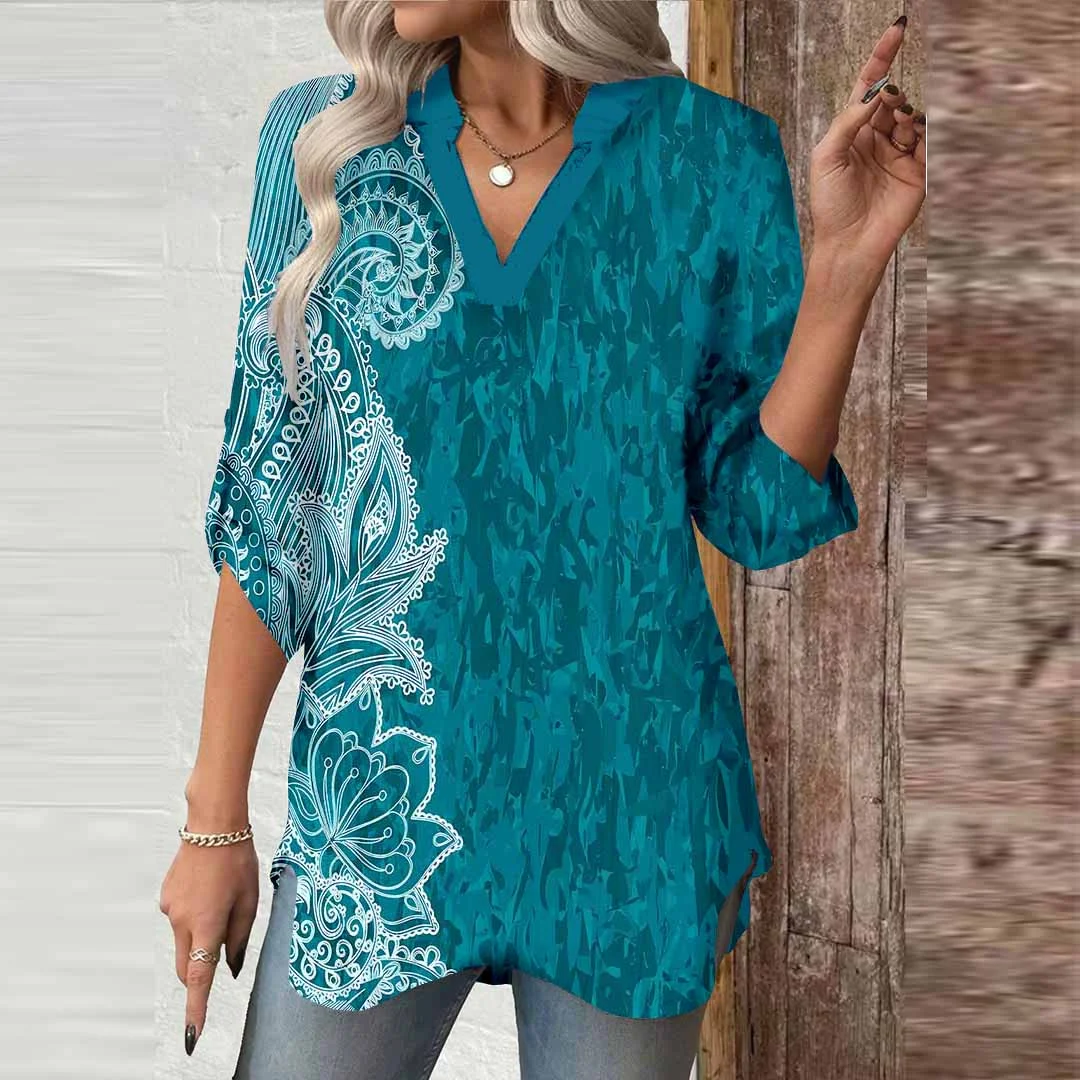 Women Floral, Green DZGA0455 3/4 Sleeve V-neck Printed Graphic Button Tops