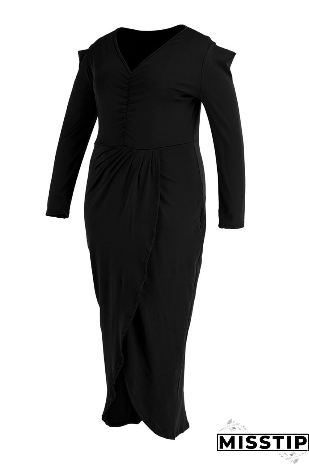 Black Casual Solid Patchwork Fold Asymmetrical V Neck Princess Plus Size Dresses