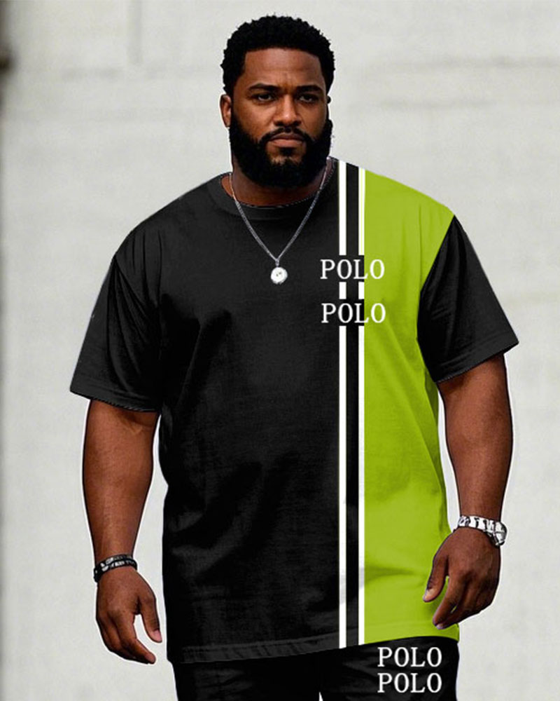 Men's Plus Size Casual Black & Green Chest Design Small Label Printed Short Sleeve T-Shirt Trousers Suit