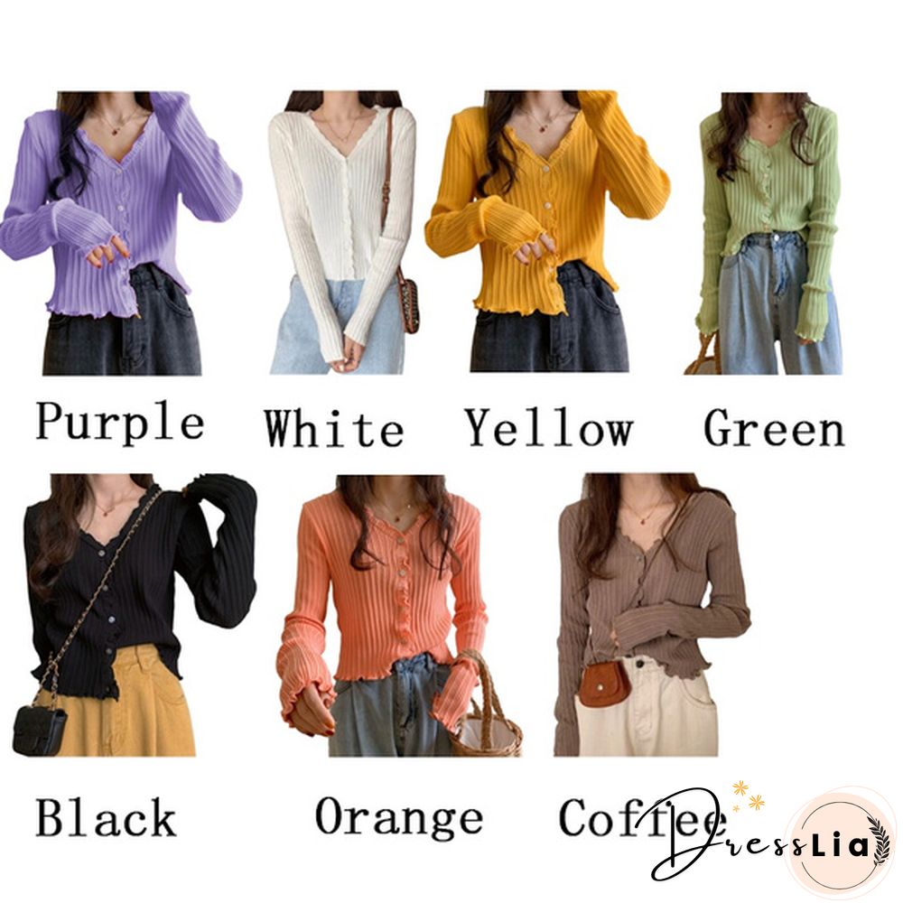 Women's V-neck Long-sleeved Thin Cardigan Short Loose Lazy Top Spring and Autumn