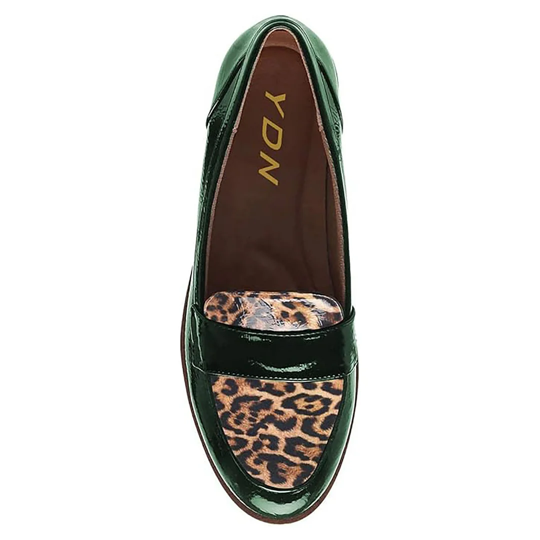Green Patent Leather Leopard Printed Moc Toe Flat Women's Loafers