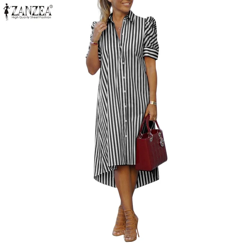 2021 Summer Striped Print Robe Womens Lapel A Line Vestidos Casual Short Sleeve Knee Dresses Oversize ZANZEA Fashion Shirt Dress
