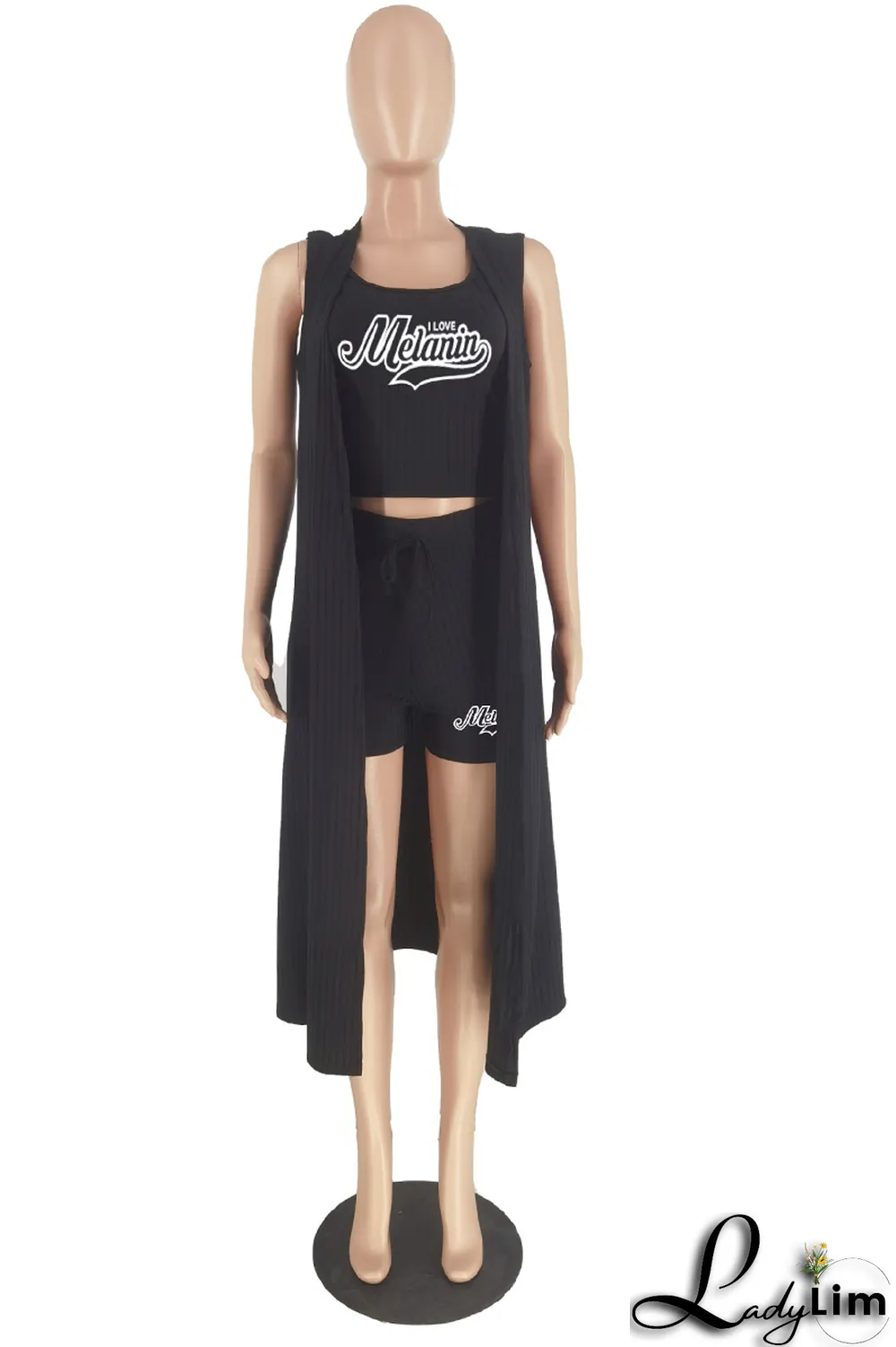 Black Fashion Print Patchwork Cardigan Collar Sleeveless Three Pieces