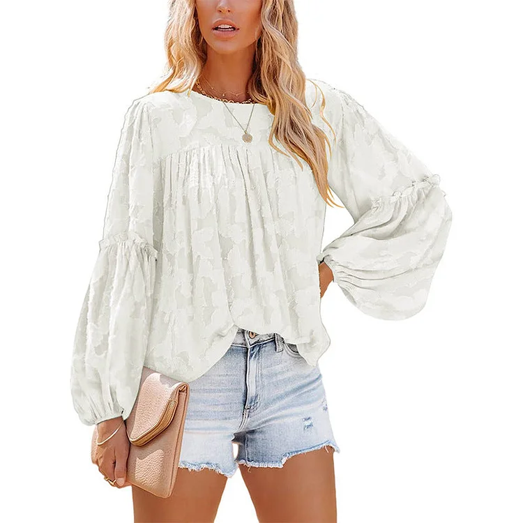Summer Flare Floral Lace Casual Crewneck Pullover Blouse