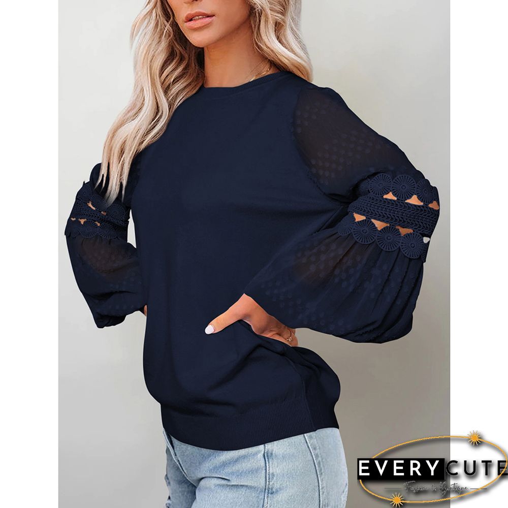 Navy Blue Splicing Hollow-out Lantern Sleeve Tops