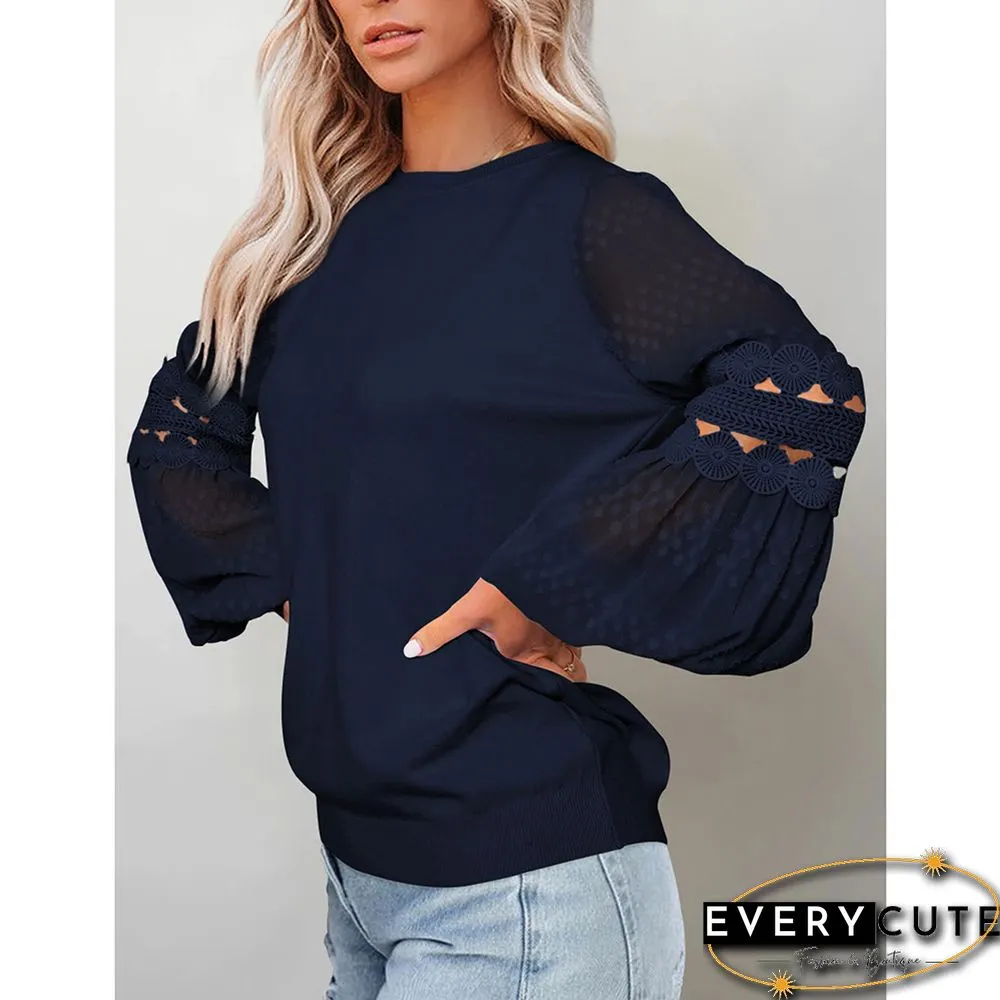 Navy Blue Splicing Hollow-out Lantern Sleeve Tops