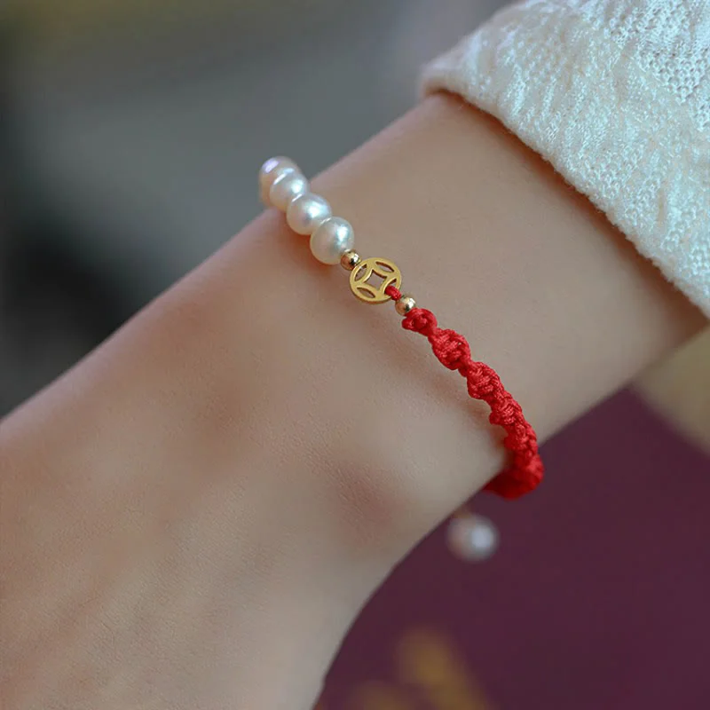 Pearl Bead 14K Gold Plated Luck Protection Braid Red String Bracelet