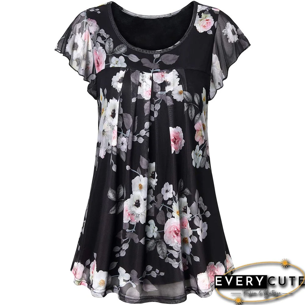 Pink Floral Print Splicing Mesh Tunic Tops