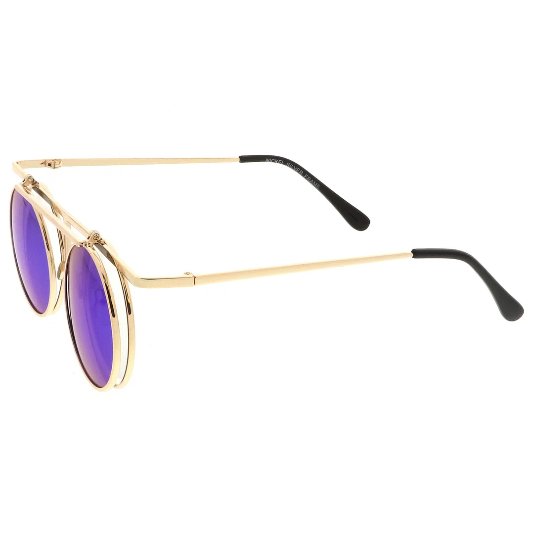 Steampunk Flip Up Cover Flat Top Colored Mirror Clear Lens Round glasses 44mm