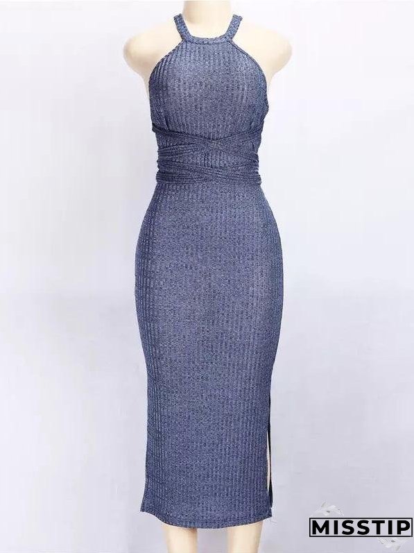 Solid Color Three Seasons Sexy Slim Extended Sleeveless Backless Long Dress