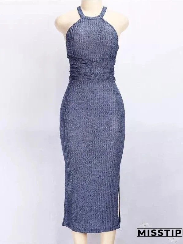 Solid Color Three Seasons Sexy Slim Extended Sleeveless Backless Long Dress