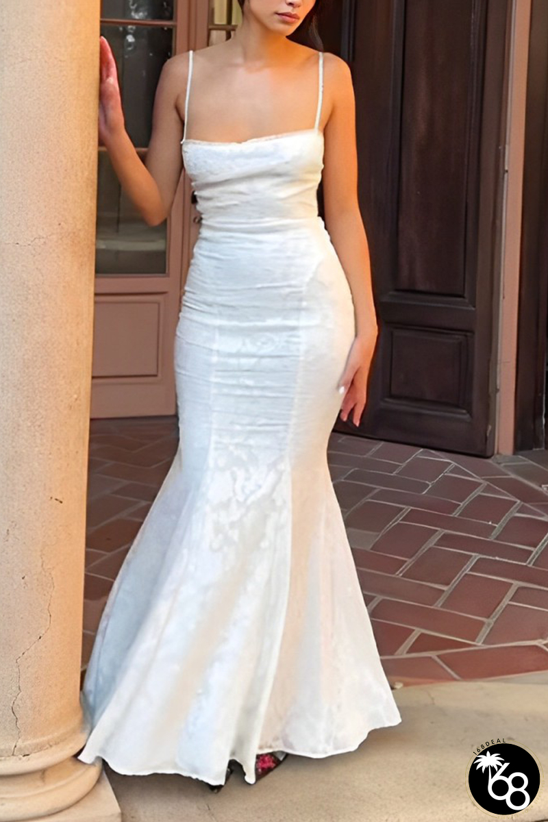 Sexy Solid Color Jacquard Patchwork Backless Square Neck Fishtail Dresses | 168DEAL