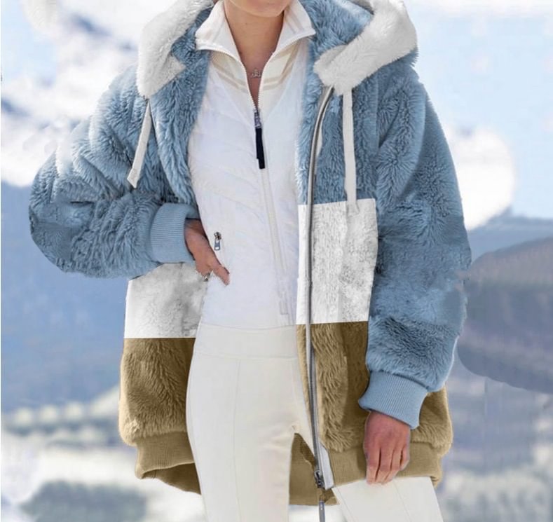 Warm Plush Patchwork Zipper Pocket Hooded Loose Coat Women