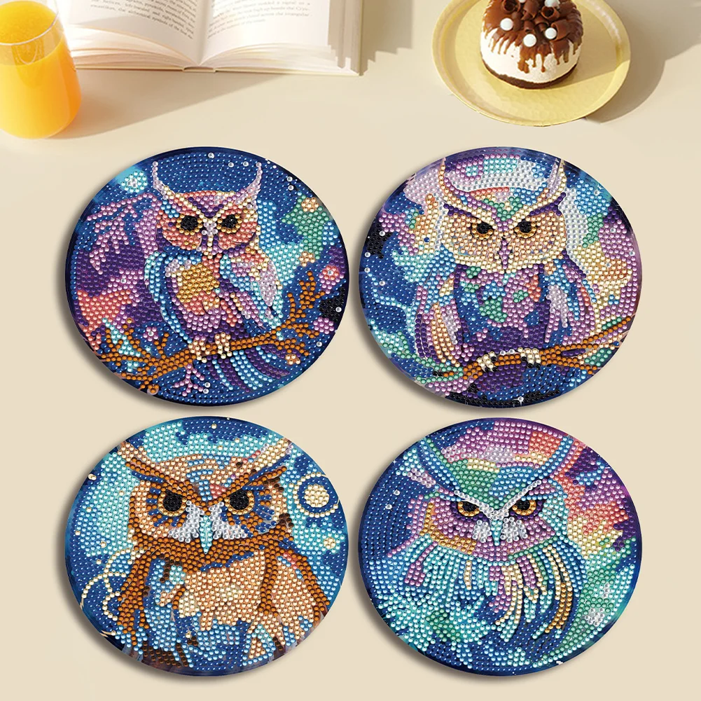 4pcs DIY Owl Wooden Diamond Painted Placemats for Dining Table Decor(15*15cm)