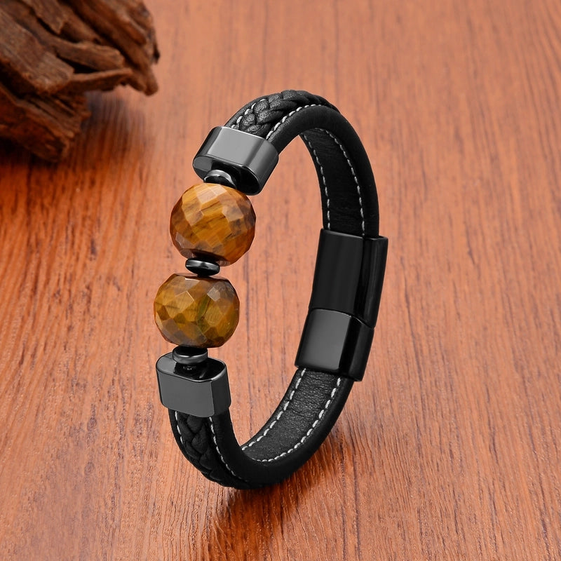 Retro Classic Style Round Leather Rope Iron Beaded Men’s Bracelets