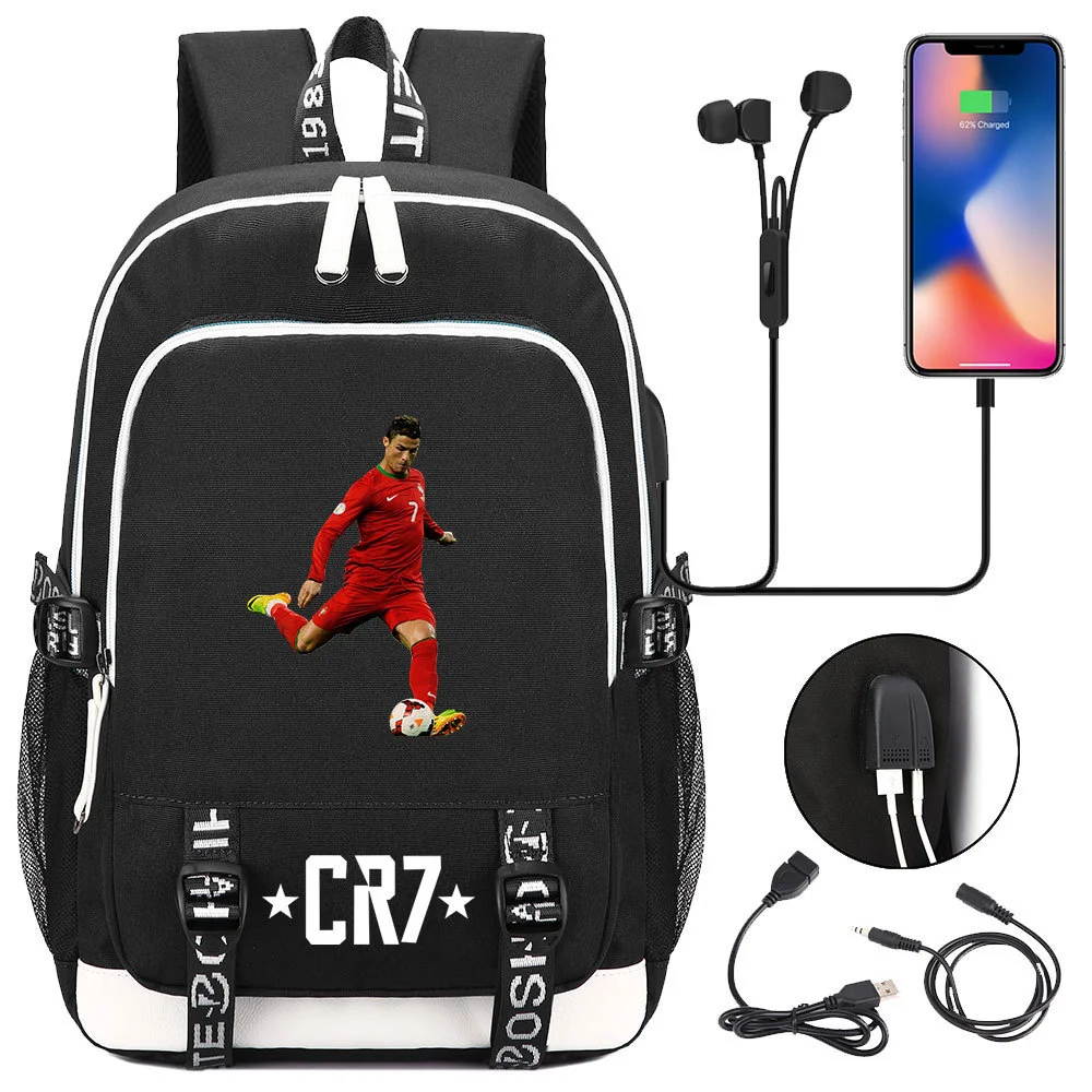 Buzzdaisy Cristiano Ronaldo Printed Backpack with USB Charging Port and Laptop Protection - Multi-Pocket Large Capacity Schoolbag
